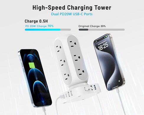 65W Fast Charging Station, Flat Plug Power Strip Tower with 12 AC Outlets & 8 USB Ports (2 PD USB-C Ports), 10FT Extension Cord, Compatible for MacBook Pro, iPhone Series. in Saudi Arabia