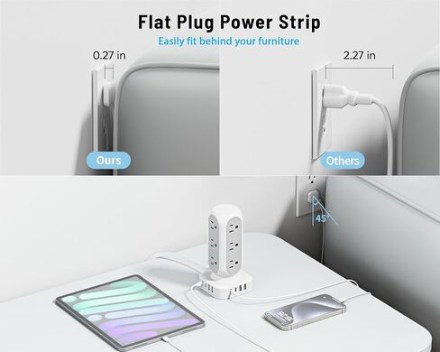 65W Fast Charging Station, Flat Plug Power Strip Tower with 12 AC Outlets & 8 USB Ports (2 PD USB-C Ports), 10FT Extension Cord, Compatible for MacBook Pro, iPhone Series. in Saudi Arabia