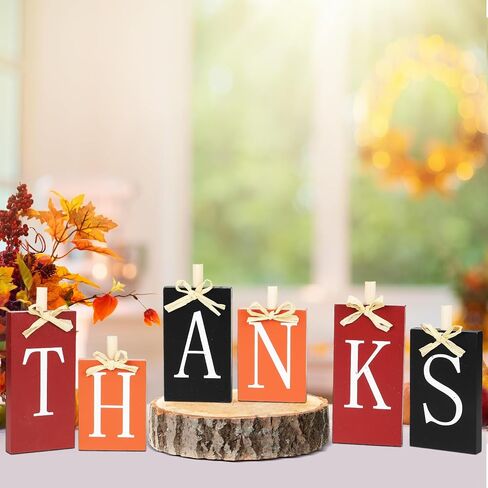 6Pcs Thanksgiving Decoration Table Wood Sign Fall Wooden Centerpiece Harvest Block Table Tiered Tray Decor Autumn Table Decor Gifts for Farmhouse Home Kitchen Mantel Shelf Office Supplies in Saudi Arabia