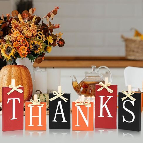 6Pcs Thanksgiving Decoration Table Wood Sign Fall Wooden Centerpiece Harvest Block Table Tiered Tray Decor Autumn Table Decor Gifts for Farmhouse Home Kitchen Mantel Shelf Office Supplies in Saudi Arabia