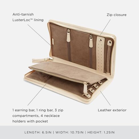 WOLF Caroline Large Jewelry Portfolio, Black - One Earring Bar, One Ring Bar, Three Zip Compartments, Four Necklace Holders & Pocket - Anti-Tarnish LusterLoc Lining in Saudi Arabia