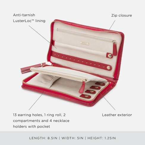 WOLF Caroline Large Jewelry Portfolio, Black - One Earring Bar, One Ring Bar, Three Zip Compartments, Four Necklace Holders & Pocket - Anti-Tarnish LusterLoc Lining in Saudi Arabia