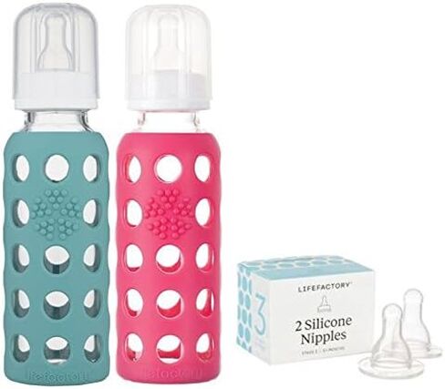 Lifefactory 9oz Glass Baby Bottle 2pk Bundle with 2 Stage 3 Nipples (Grape/Kale) in Saudi Arabia
