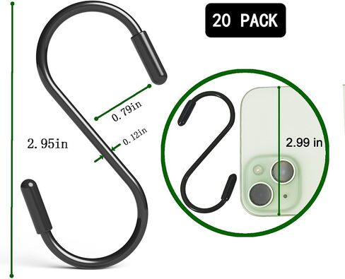 20 Pack 3" Heavy Duty Vinyl Coated S-Hooks for Hanging Plants, Closets, Gardens, Bird Feeders, Clothes, Hats, Bags, Pots (Black) in Saudi Arabia