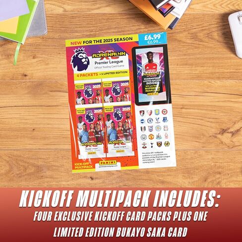 بطاقات التداول Panini Adrenalyn XL للدوري الإنجليزي الممتاز لكرة القدم 2024-2025 Kick-Off Multipack + عشوائية Mega Tin و100 حافظة حماية للبطاقات in Kuwait
