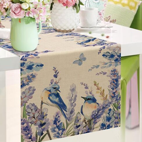 Seliem Spring Summer Floral Flower Table Runner, Lavender Bluebird Butterfly Kitchen Dining Table Decor, Seasonal Home Decoration Indoor Outdoor Party Supply 13 x 72 Inch in Saudi Arabia