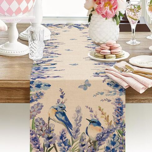Seliem Spring Summer Floral Flower Table Runner, Lavender Bluebird Butterfly Kitchen Dining Table Decor, Seasonal Home Decoration Indoor Outdoor Party Supply 13 x 72 Inch in Saudi Arabia