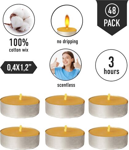 100% Pure Beeswax Tealight Candle Set of 48-3 Hours Lasting Smokeless Tealight Candles - Cotton Wick - Unscented Tea Light Candles - Candle Lover Gift in Saudi Arabia