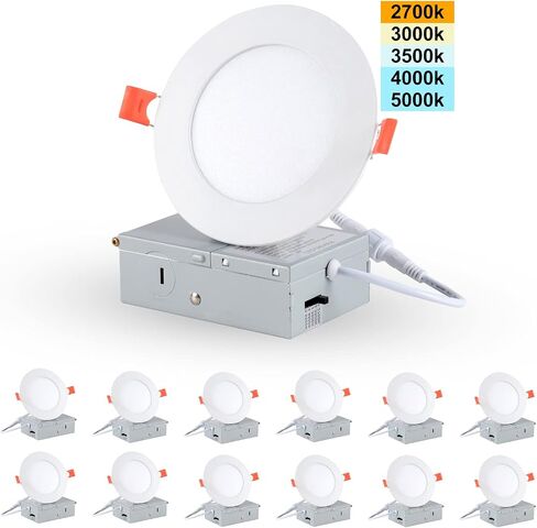 6 Pack 5inch 5CCT Led Recessed Light with Junction Box, 2700K-5000K Selectable, 10W Eqv 70W, 800LM Dimmable Ultra Thin LED Downlight in Saudi Arabia