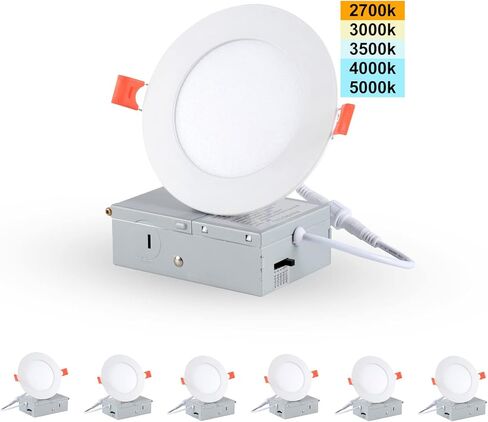 6 Pack 5inch 5CCT Led Recessed Light with Junction Box, 2700K-5000K Selectable, 10W Eqv 70W, 800LM Dimmable Ultra Thin LED Downlight in Saudi Arabia