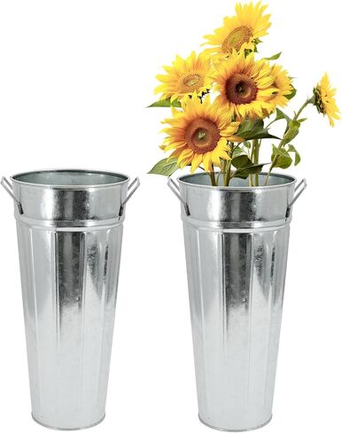 Galvanized Metal Vases 12inch Rustic Farmhouse French Flowers Bucket Vase for Home Decor and Wedding Table Centerpieces (Silver Set of 2) in Saudi Arabia