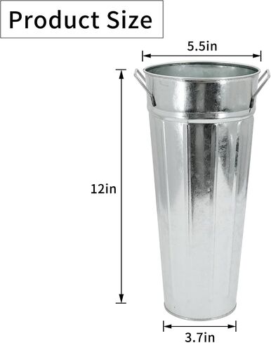Galvanized Metal Vases 12inch Rustic Farmhouse French Flowers Bucket Vase for Home Decor and Wedding Table Centerpieces (Silver Set of 2) in Saudi Arabia