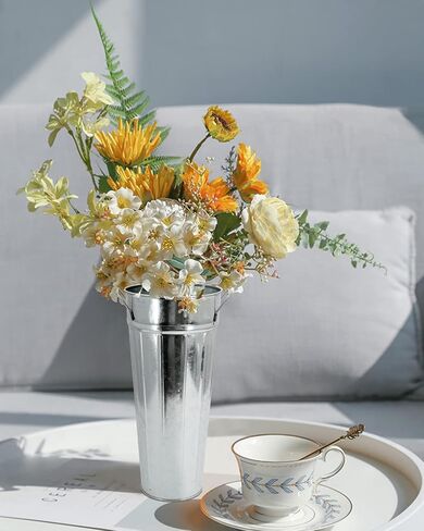 Galvanized Metal Vases 12inch Rustic Farmhouse French Flowers Bucket Vase for Home Decor and Wedding Table Centerpieces (Silver Set of 2) in Saudi Arabia