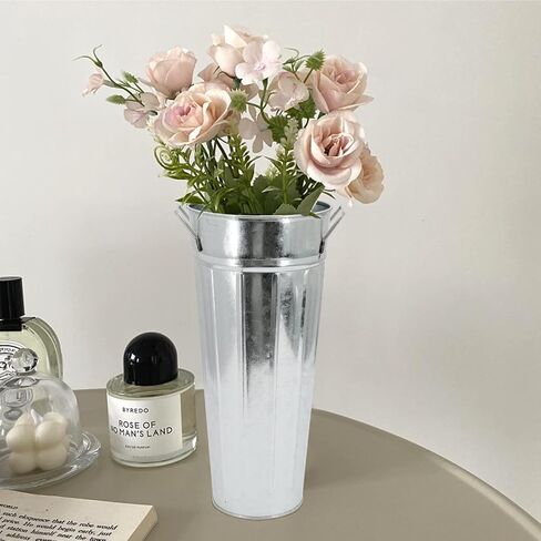Galvanized Metal Vases 12inch Rustic Farmhouse French Flowers Bucket Vase for Home Decor and Wedding Table Centerpieces (Silver Set of 2) in Saudi Arabia