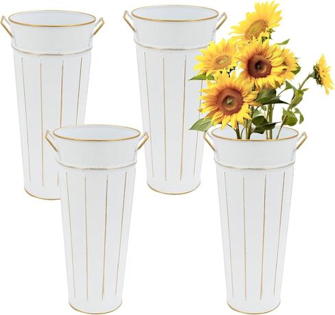 Galvanized Metal Vases 12inch Rustic Farmhouse French Flowers Bucket Vase for Home Decor and Wedding Table Centerpieces (Silver Set of 2) in Saudi Arabia