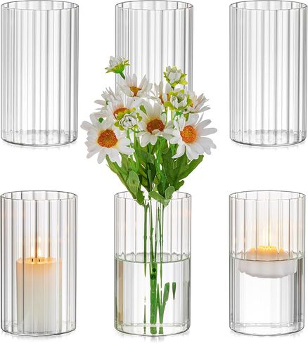 Glasseam Glass Cylinder Vases for Centerpieces: Clear Ribbed Hurricane Vase Set of 6 Modern Floating Candle Vases for Flowers Centerpiece Vases for Table Wedding Vases for Living Room Decorations in Kuwait