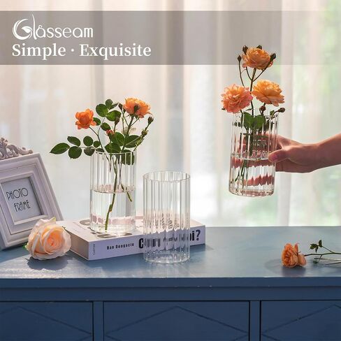 Glasseam Glass Cylinder Vases for Centerpieces: Clear Ribbed Hurricane Vase Set of 6 Modern Floating Candle Vases for Flowers Centerpiece Vases for Table Wedding Vases for Living Room Decorations in Kuwait