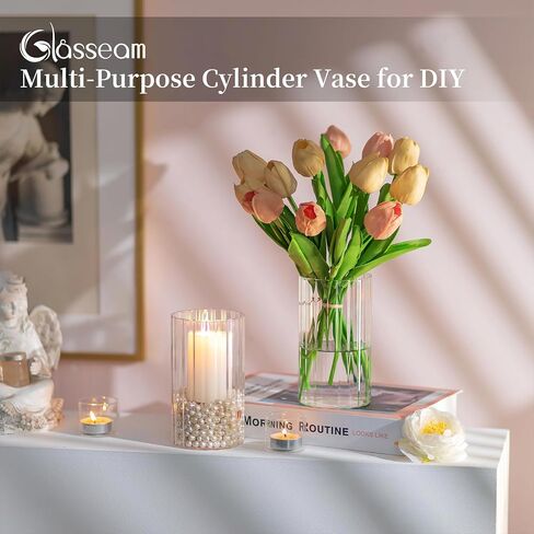 Glasseam Glass Cylinder Vases for Centerpieces: Clear Ribbed Hurricane Vase Set of 6 Modern Floating Candle Vases for Flowers Centerpiece Vases for Table Wedding Vases for Living Room Decorations in Kuwait