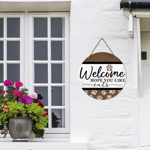 Cat Welcome Sign for Front Door, Cat Welcome Hanging Sign for Home Porch Rustic Wall Decorations Gift for Cat Mom Dad Lover Own, Welcome Hope You Like Cats in Kuwait