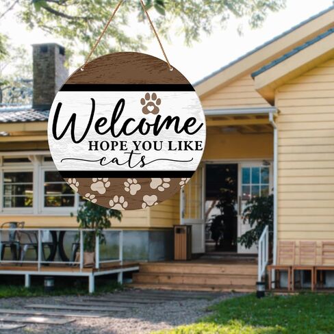 Cat Welcome Sign for Front Door, Cat Welcome Hanging Sign for Home Porch Rustic Wall Decorations Gift for Cat Mom Dad Lover Own, Welcome Hope You Like Cats in Kuwait