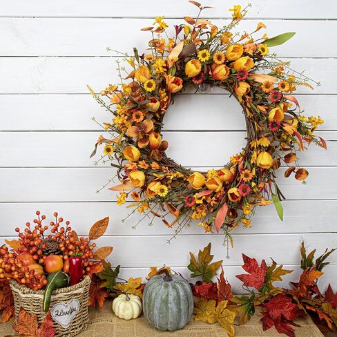 Fall Wreaths 22 Inch Fall Wreath for Front Door Orange Artificial Thanksgiving Wreath with Forsythia Flower for Autumn Thanksgiving Home Decorations in Saudi Arabia