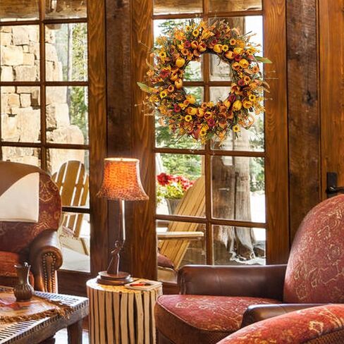 Fall Wreaths 22 Inch Fall Wreath for Front Door Orange Artificial Thanksgiving Wreath with Forsythia Flower for Autumn Thanksgiving Home Decorations in Saudi Arabia