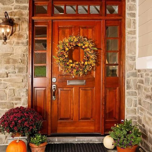 Fall Wreaths 22 Inch Fall Wreath for Front Door Orange Artificial Thanksgiving Wreath with Forsythia Flower for Autumn Thanksgiving Home Decorations in Saudi Arabia