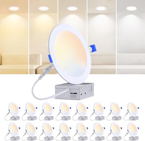 16 حزمة 6 بوصة 5CCT رفيعة للغاية LED ضوء السقف مع صندوق وصلات، 2700K/3000K/3500K/4000K/5000K قابلة للاختيار، 12W 110W Eqv، 1100LM مصابيح سفلية من الرقاقة غير القابلة للتعتيم لشرفة المطبخ، ETL&FCC in Kuwait