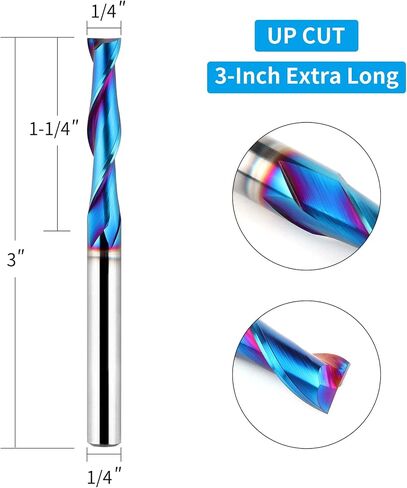 Upcut Spiral Router Bit 1/4 inch Shank, 1/4 inch Cutting Diameter, Extra Long 4 inch Solid Carbide with Nano Blue Coating CNC Router Bits End Mill for Wood Cut, Carving in Saudi Arabia