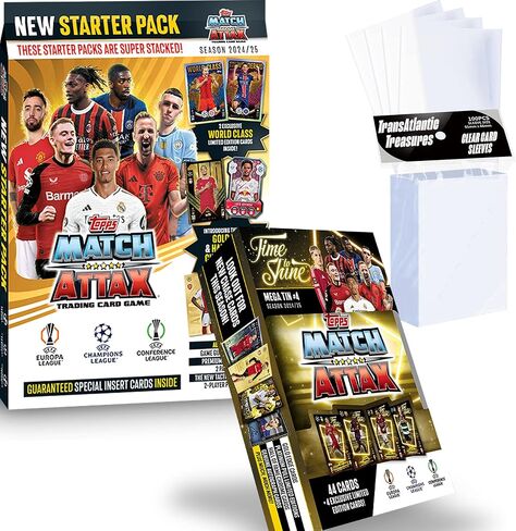 Topps Match Attax 2024-2025 Soccer Cards Starter Pack + Random Mega Tin + 100 Card Protector Sleeves, 71 Cards - 6 Exclusive Limited Edition Cards + Premium Mega Binder in Kuwait