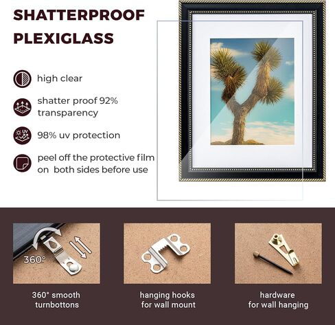 11x14 Picture Frame with Mat for 8x10 - Rustic Black Frame 11x14 with Gold Beaded Trim - Plexiglass - Wall Mount Display Horizontally or Vertically - Hanging Hardware Included - Black in Saudi Arabia