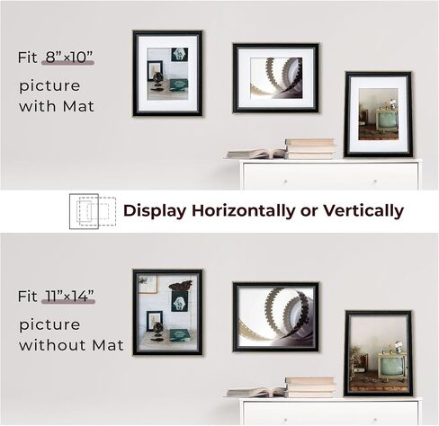 11x14 Picture Frame with Mat for 8x10 - Rustic Black Frame 11x14 with Gold Beaded Trim - Plexiglass - Wall Mount Display Horizontally or Vertically - Hanging Hardware Included - Black in Saudi Arabia