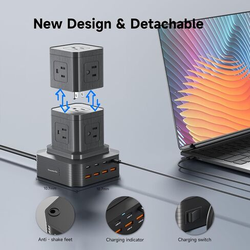 Surge Protector Power Strip Tower Desktop Charging Station, 6.6Ft Extension Cord with 5 AC Outlets 8 USB Ports（4 USB C ） Power Tower Overload Protection for Home Office Dorm Room in Saudi Arabia