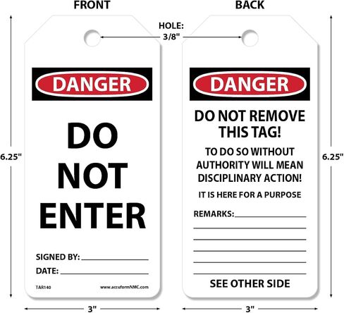 Accuform Signs TAR104 Tags By-The-Roll Safety Tags, Legend "DANGER DO NOT ENTER", 6.25" Length x 3" Width x 0.010" Thickness, PF-Cardstock, Red/Black on White (Roll of 100) in Saudi Arabia