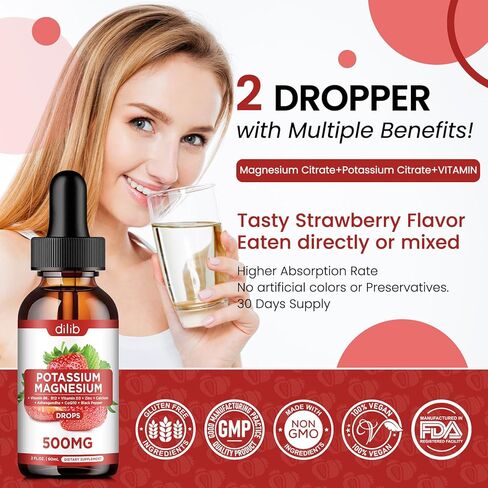 مكملات سيترات المغنيسيوم والبوتاسيوم، قطرات سيترات المغنيسيوم السائل 500 مجم مع أشواغاندا والكالسيوم والزنك وفيتامين د3 وب6 وب12 ومرافق الإنزيم Q10 - نباتي 2 أونصة سائلة بنكهة الأناناس in Kuwait