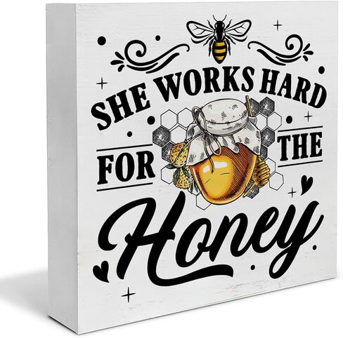 Motivational Quote She Works Hard for the Honey Wood Box Sign Art Desk Decor 5 x 5 Inches Summer Wood Block Sign Decor for Home Office Table Shelf Wall in Saudi Arabia