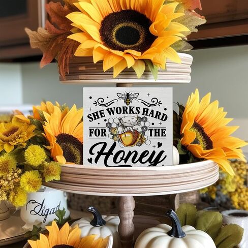 Motivational Quote She Works Hard for the Honey Wood Box Sign Art Desk Decor 5 x 5 Inches Summer Wood Block Sign Decor for Home Office Table Shelf Wall in Saudi Arabia