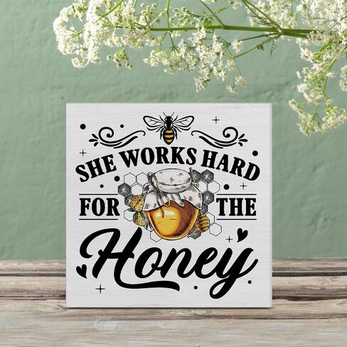 Motivational Quote She Works Hard for the Honey Wood Box Sign Art Desk Decor 5 x 5 Inches Summer Wood Block Sign Decor for Home Office Table Shelf Wall in Saudi Arabia
