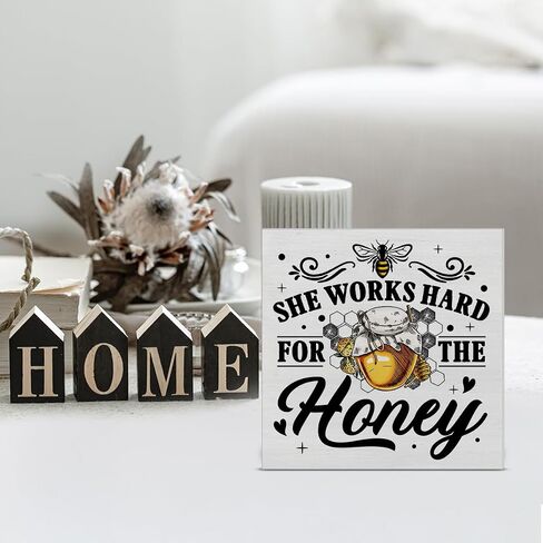 Motivational Quote She Works Hard for the Honey Wood Box Sign Art Desk Decor 5 x 5 Inches Summer Wood Block Sign Decor for Home Office Table Shelf Wall in Saudi Arabia