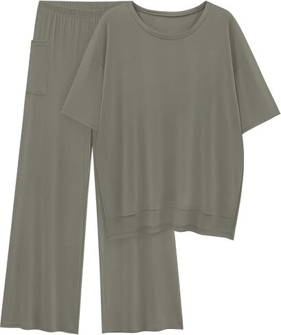 KevaMolly 2 Piece Set for Women Outfits UPF50+ Short Sleeve Pullover Tops and Wide Leg Pants Comfy Lounge Set Tracksuits in Kuwait