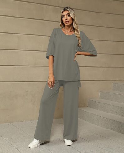 KevaMolly 2 Piece Set for Women Outfits UPF50+ Short Sleeve Pullover Tops and Wide Leg Pants Comfy Lounge Set Tracksuits in Kuwait