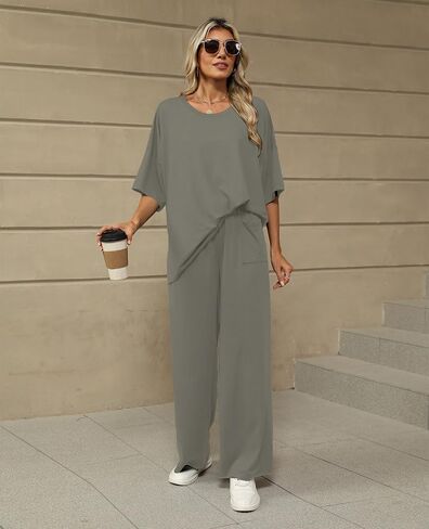 KevaMolly 2 Piece Set for Women Outfits UPF50+ Short Sleeve Pullover Tops and Wide Leg Pants Comfy Lounge Set Tracksuits in Kuwait