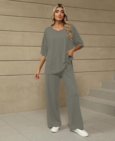KevaMolly 2 Piece Set for Women Outfits UPF50+ Short Sleeve Pullover Tops and Wide Leg Pants Comfy Lounge Set Tracksuits in Kuwait