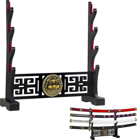 Logest Sword Stand - 4 Tier Options Available - Crafted Using Wood Katana Holder - Furnished in Black With a Gold Lion’s Head - Desirable Sword Display Gift Option - Sword Holder Katana Stand (1-Tier) in Kuwait