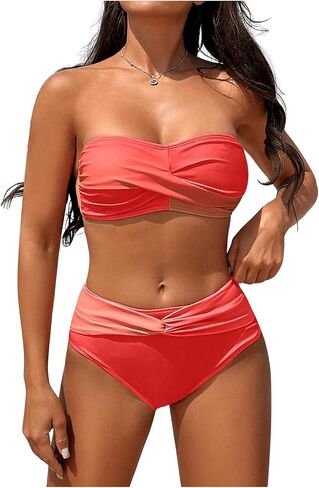 MakeMeChic Women's Colorblock 2 Piece Strapless Swimsuit Twist Front High Waisted Bikini Sets Bathing Suits in Saudi Arabia