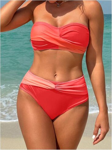 MakeMeChic Women's Colorblock 2 Piece Strapless Swimsuit Twist Front High Waisted Bikini Sets Bathing Suits in Saudi Arabia