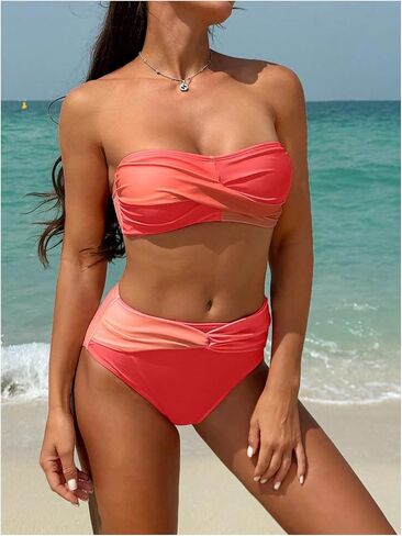 MakeMeChic Women's Colorblock 2 Piece Strapless Swimsuit Twist Front High Waisted Bikini Sets Bathing Suits in Saudi Arabia
