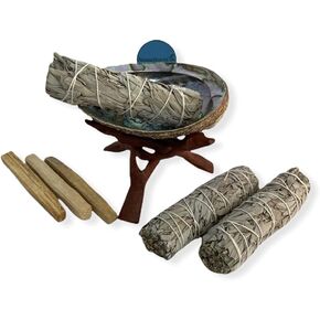 Medium Size Smudge Kit - 5"-6" Abalone Shell + 6" Wood Stand + 3 pcs 5" White Sage + 3 pcs Palo Santo #JC-212 (1 Kits)