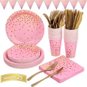 White and Gold Party Supplies 150PCS Golden Dot Disposable Party Dinnerware Includes Paper Plates, Napkins, Knives, Forks, 12oz Cups, Banner, for Bridal Shower, Engagement, Wedding, Serves 25