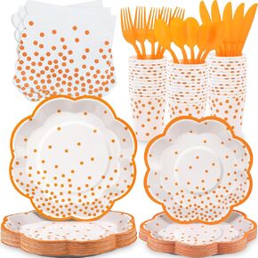 175 Pcs Orange Plates and Napkins Party Supplies Scalloped Paper Plates with Orange Dots - Orange Party Decorations for Baby Shower Birthday Fall Party Halloween Thanksgiving, Serve 25